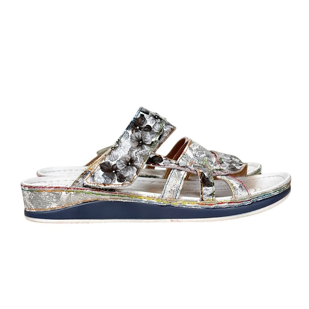 L'Artiste Womens 10.5 EU 41 Silver Black Floral Leather Caiman Slide Sandals